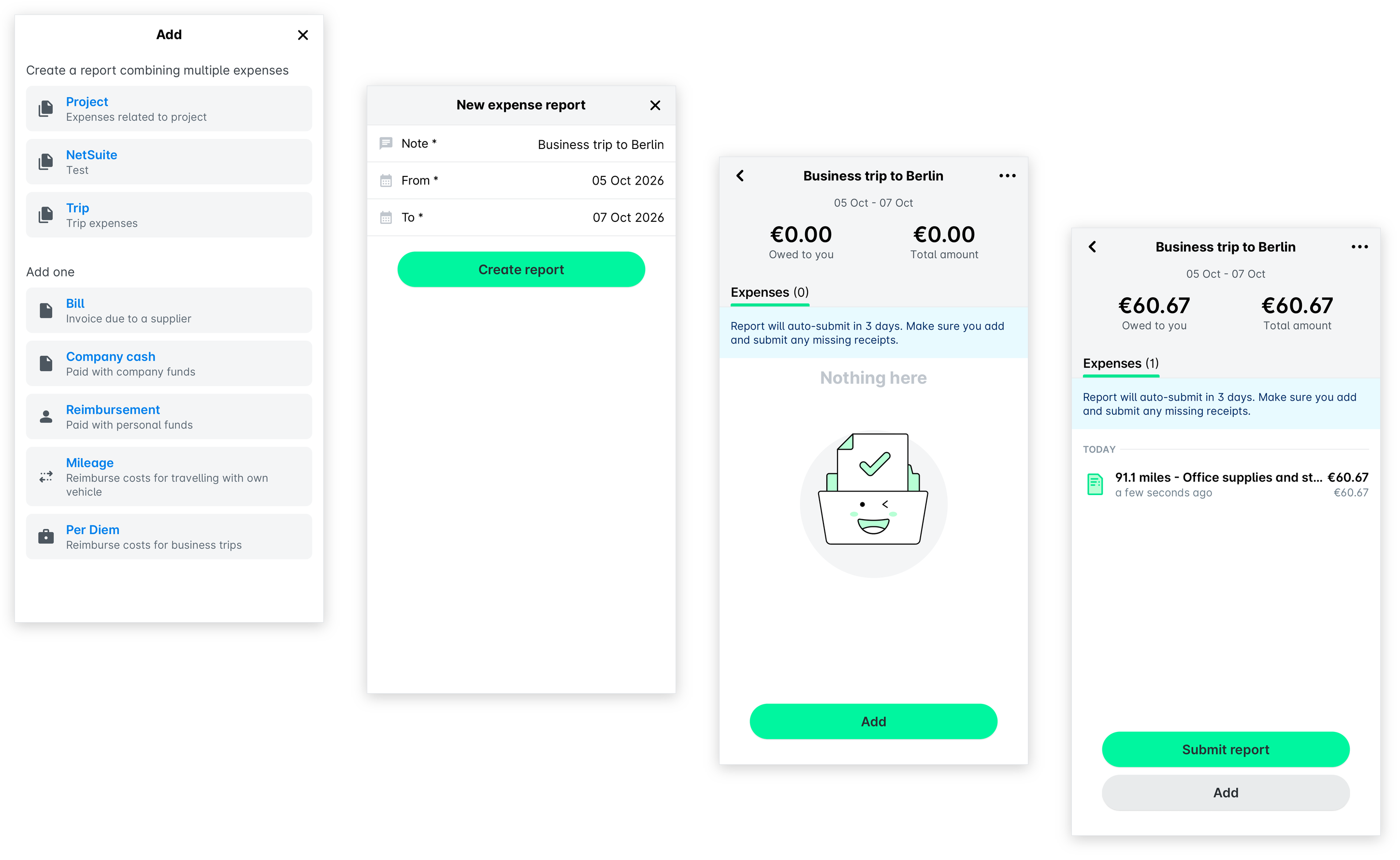 Création d'une note de frais Déplacement dans l'application mobile Payhawk : le menu Ajouter dans Dépenses, le formulaire de nouvelle note de frais, la note de frais vide et la note de frais avec une dépense prête à être soumise.