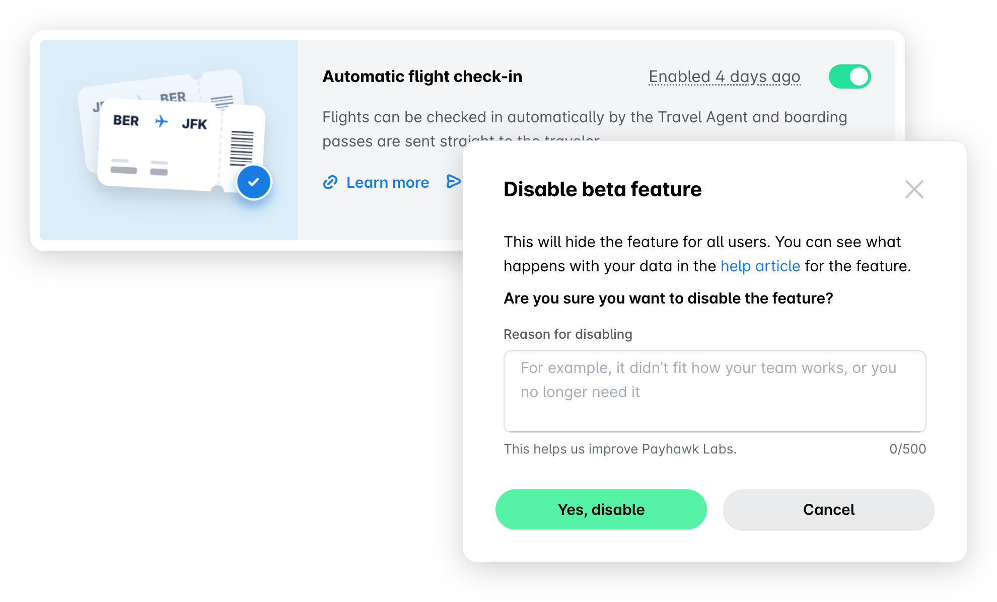 Disable beta feature dialog for Automatic flight check-in, with the optional Reason for disabling field and the Yes, disable button.