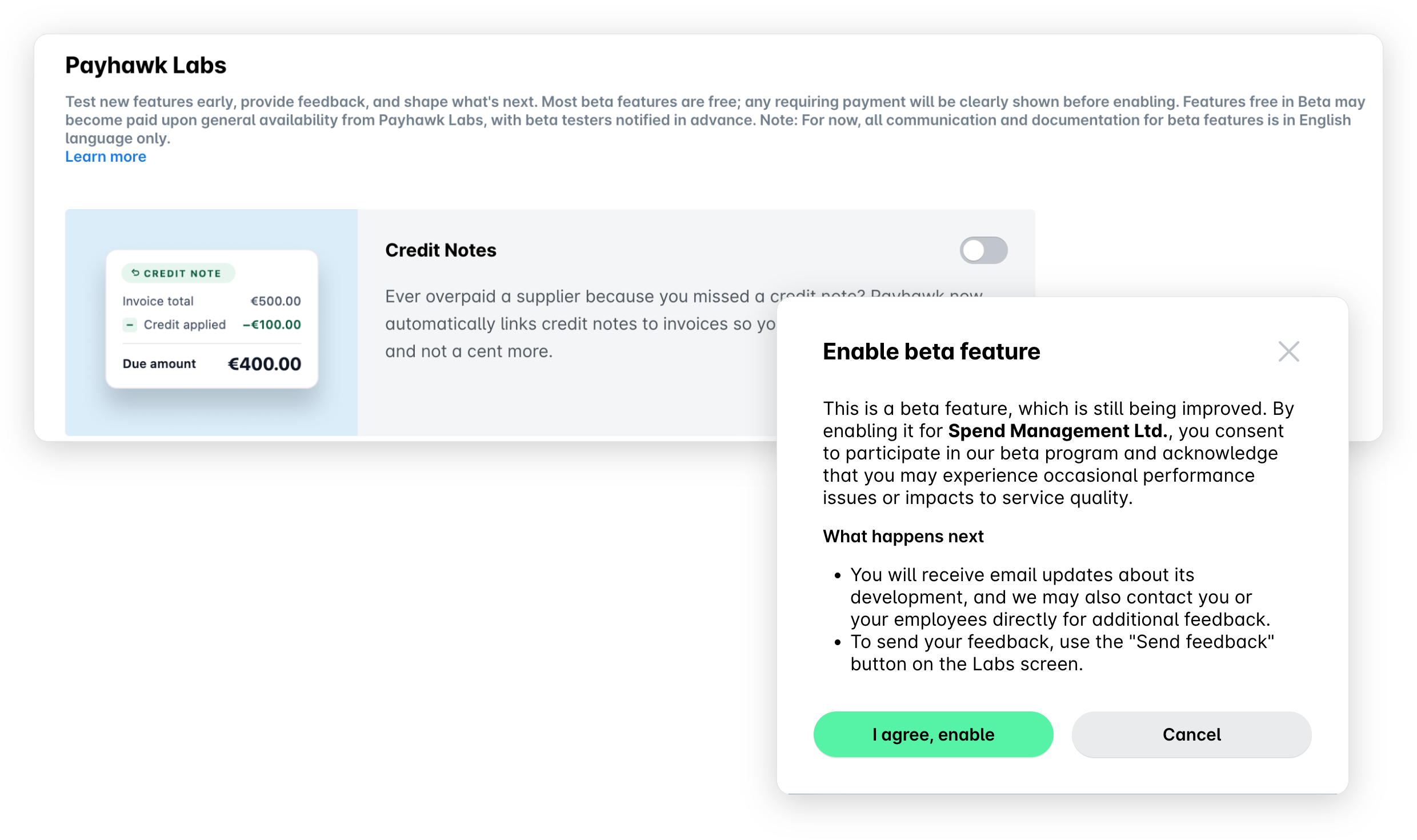 Payhawk Labs page with the Credit Notes beta feature and the Enable beta feature dialog open, showing the I agree, enable button.
