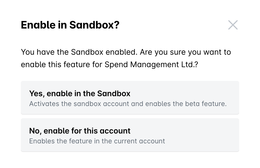 Enable in Sandbox? dialog with two options: Yes, enable in the Sandbox and No, enable for this account.