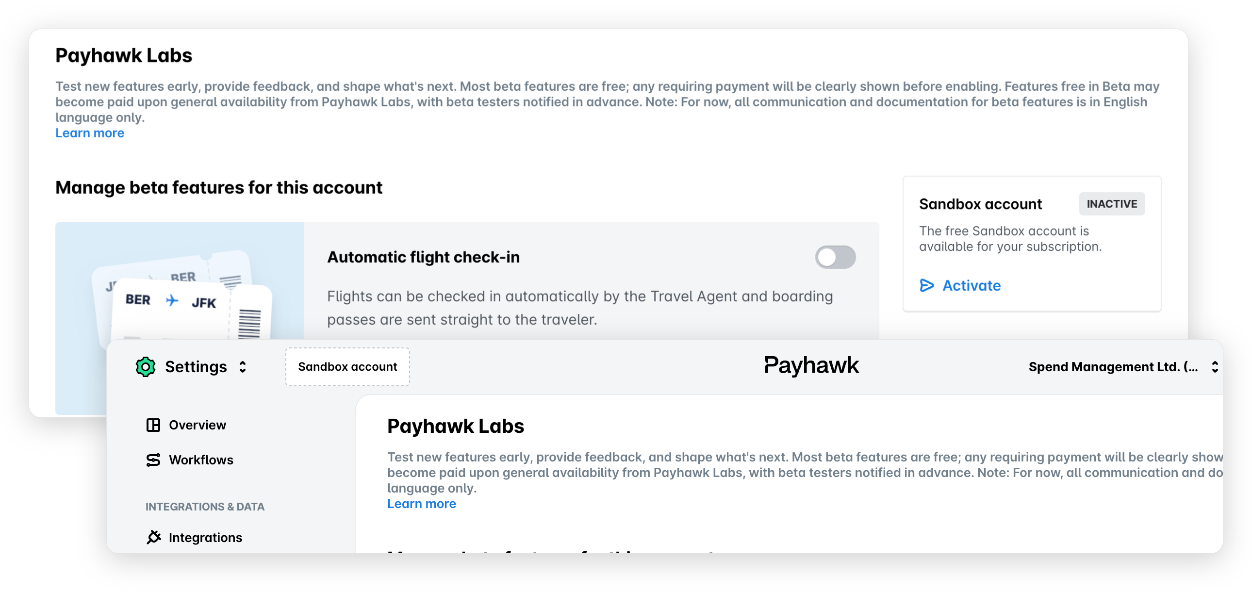 Payhawk Labs page with the Sandbox account card marked Inactive and its Activate link, followed by the Sandbox account opened in Settings.