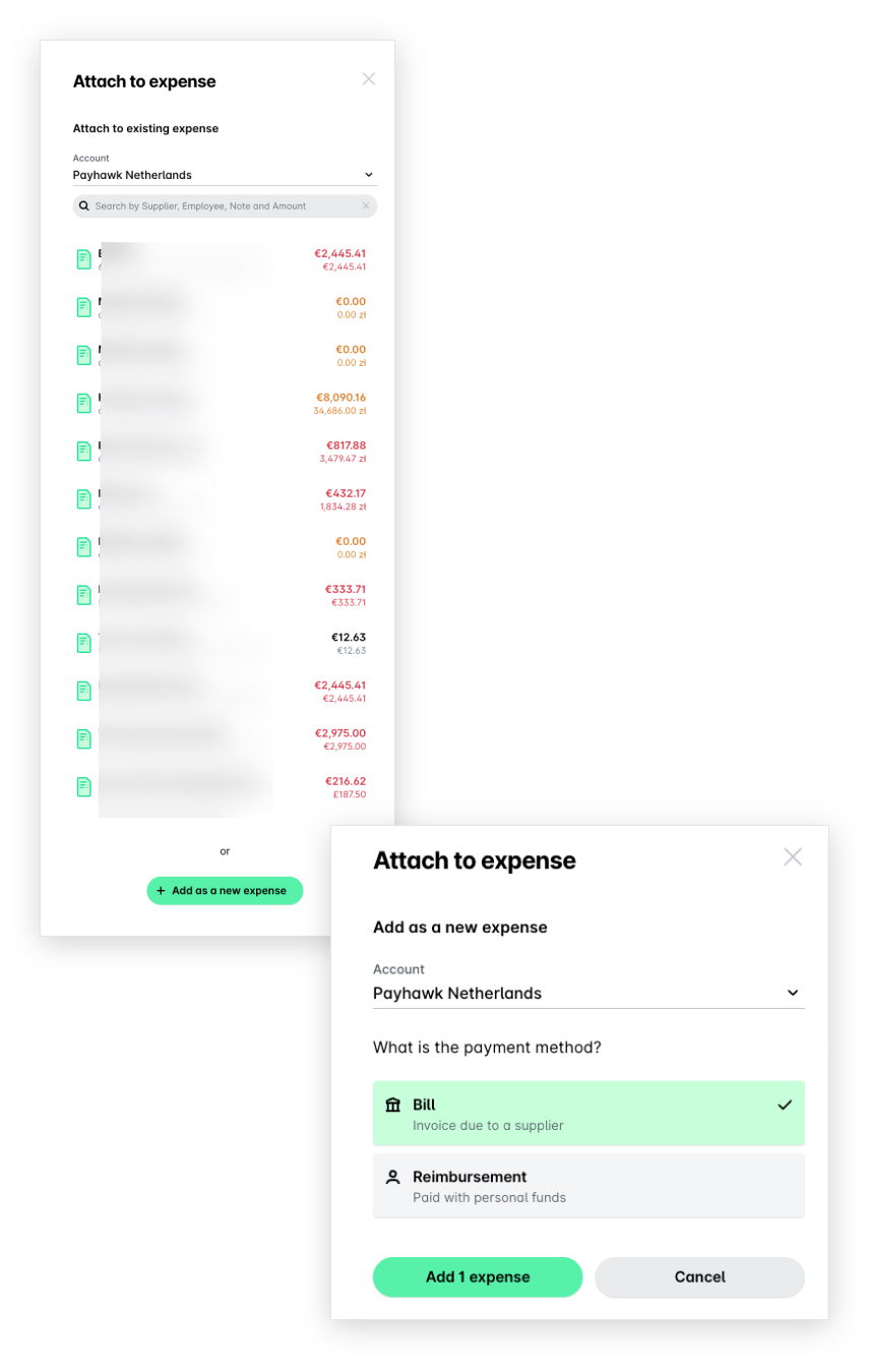 Attach to expense panel with the list of existing expenses and + Add as a new expense, then the Add as a new expense step with the payment method and Add 1 expense.