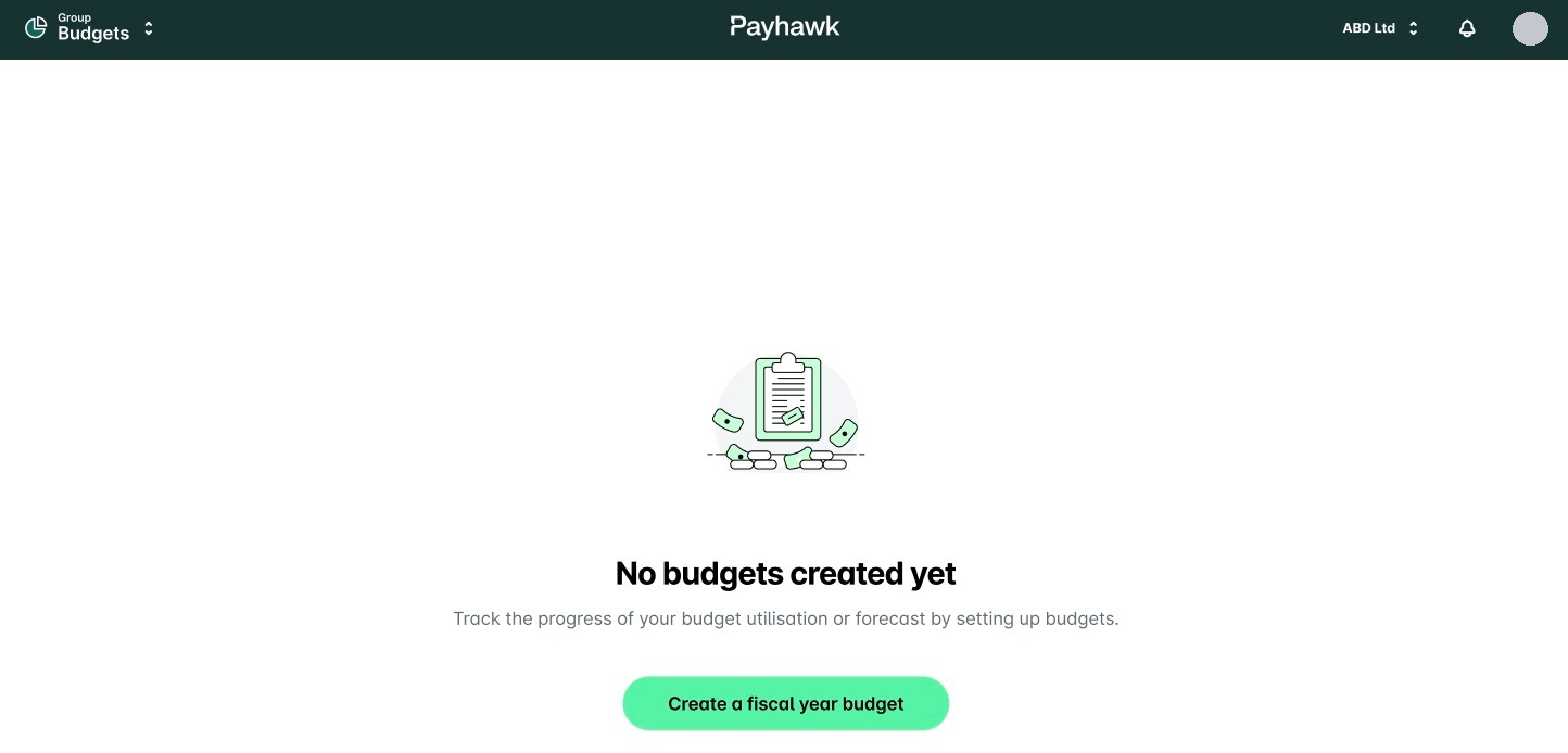 Group Budgets page showing No budgets created yet and the Create a fiscal year budget button.