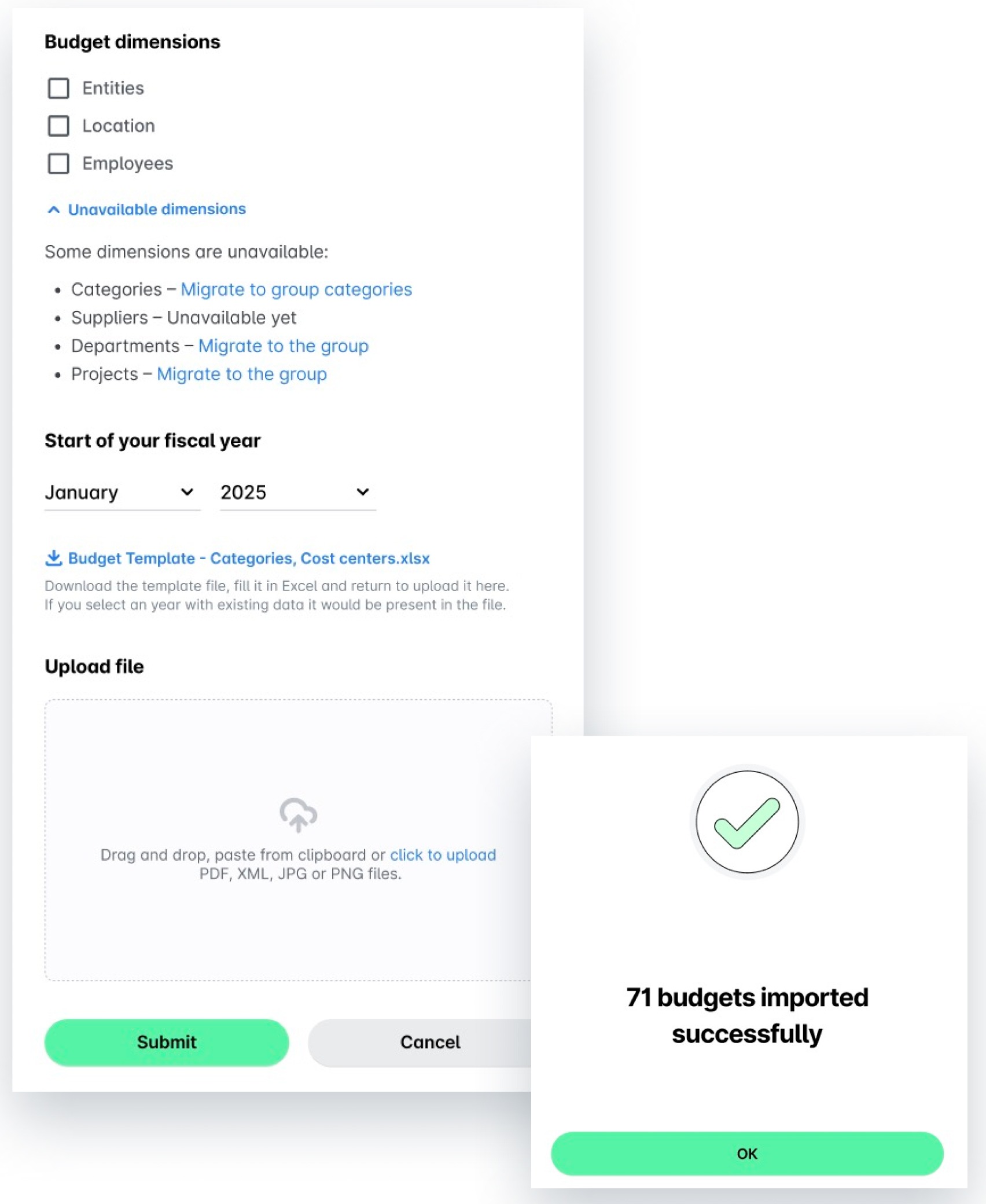 Group budget import form with the budget dimensions, Unavailable dimensions, start of the fiscal year, template download and Upload file, and the success screen showing 71 budgets imported successfully with the OK button.