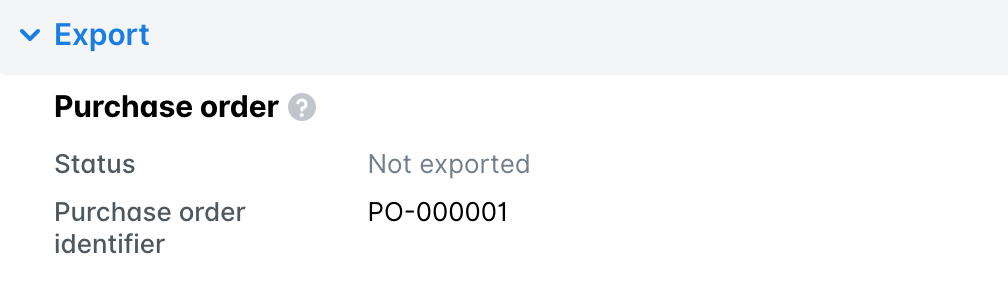 Export section of a purchase request side panel in Payhawk Requests, showing the purchase order export status and purchase order identifier.