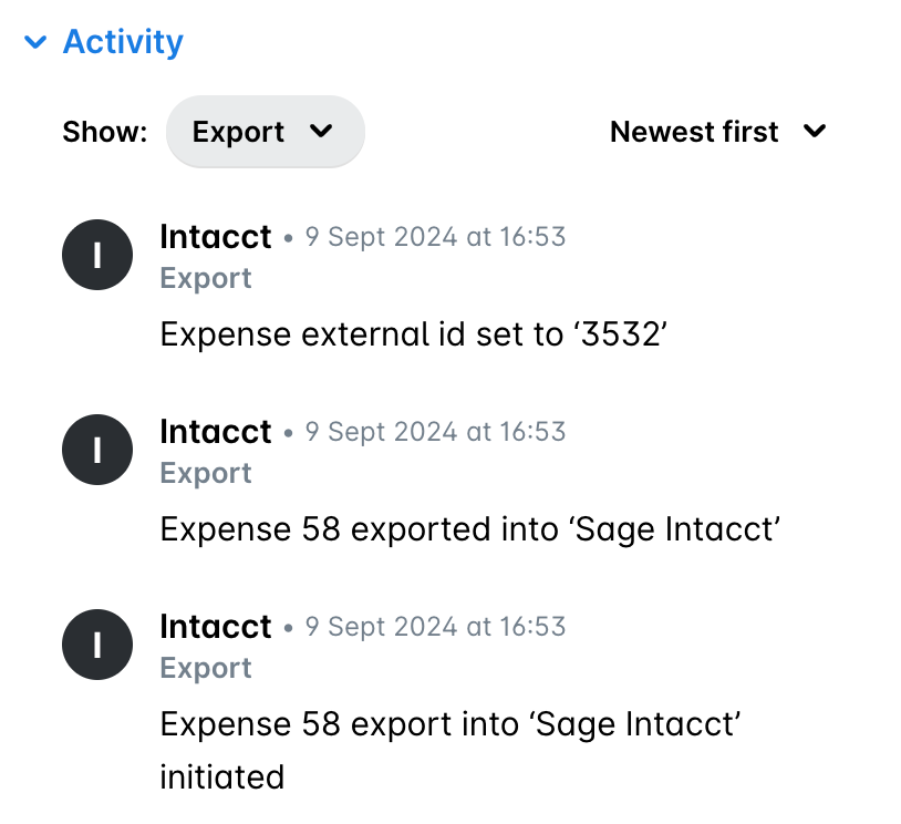 Gedeelte Activiteit van een uitgave met Export geselecteerd onder Tonen, met exportgebeurtenissen naar Sage Intacct zoals de export van de uitgave en de externe ID.
