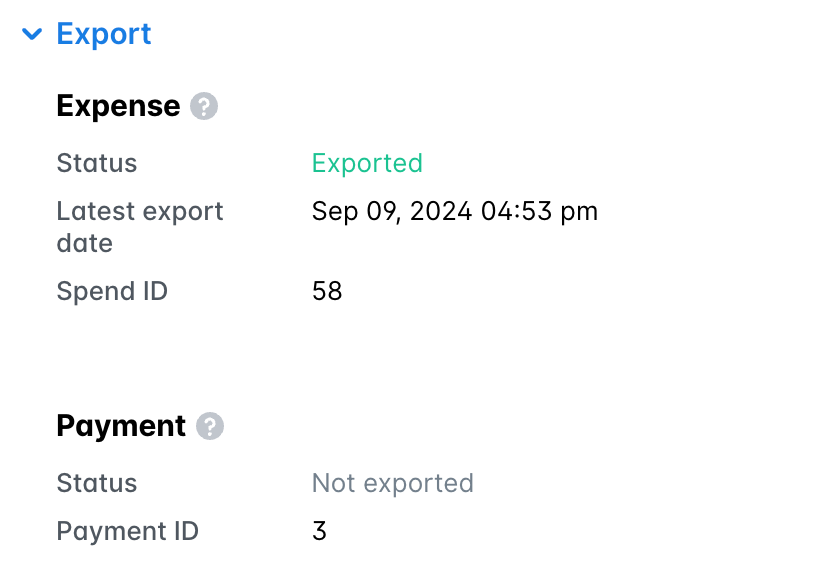 Gedeelte Export van een uitgave in Uitgaven, met de uitgave als Geëxporteerd met de laatste exportdatum en de ID, en de betaling als Niet geëxporteerd.