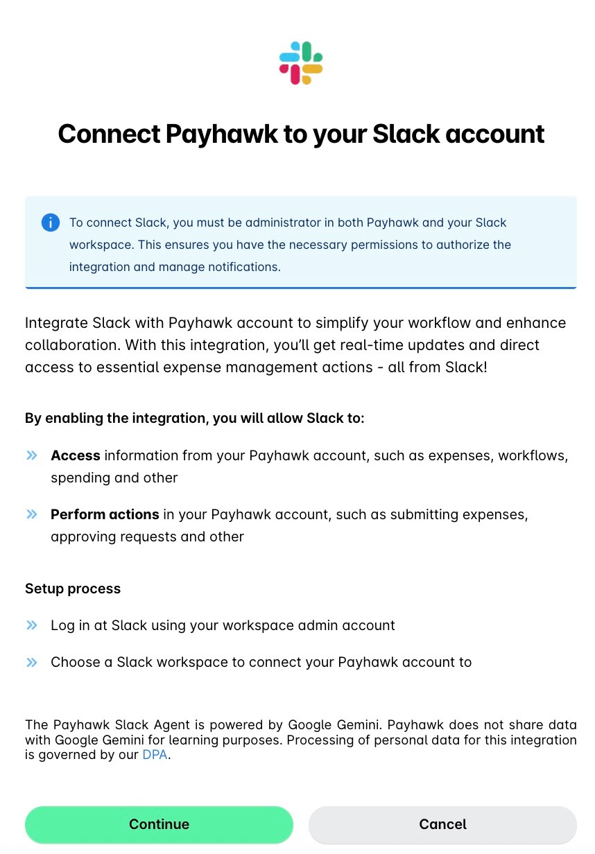 Seite zum Verbinden von Payhawk mit Ihrem Slack-Konto mit der Liste der Berechtigungen, die Slack erhält, und den Schaltflächen Weiter und Abbrechen.