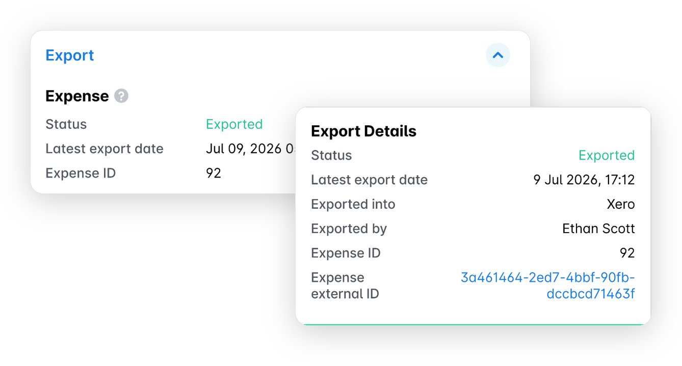 Bereich Export einer Ausgabe mit dem Status Exportiert und dem Tooltip mit den Exportdetails: Status, letztes Exportdatum, nach Xero exportiert, exportiert von, Ausgaben-ID und externe ID.
