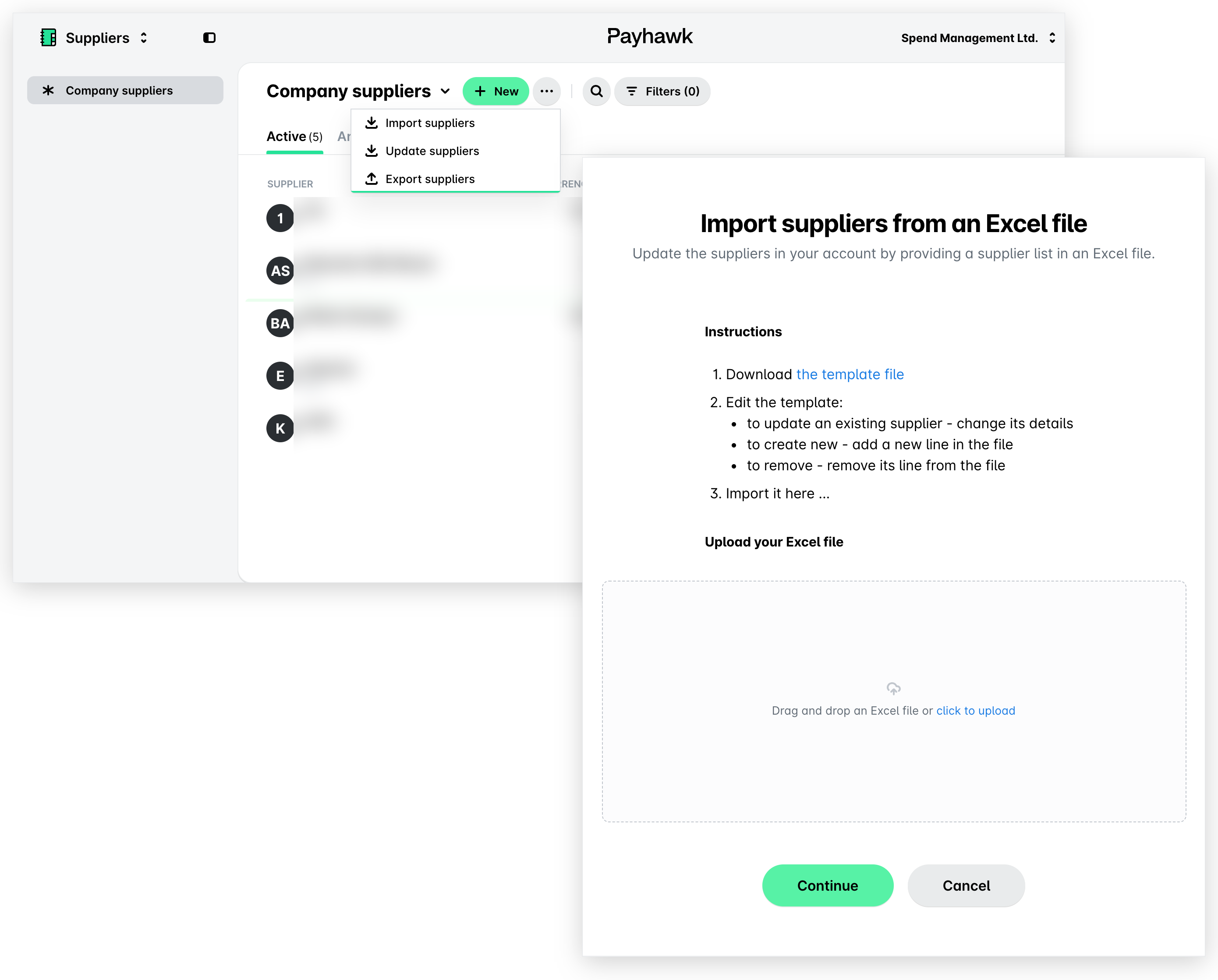 Menu à trois points de Fournisseurs de l'entreprise avec l'importation de fournisseurs, et la page d'importation de fournisseurs depuis un fichier Excel avec le lien vers le fichier modèle et la zone de téléchargement.