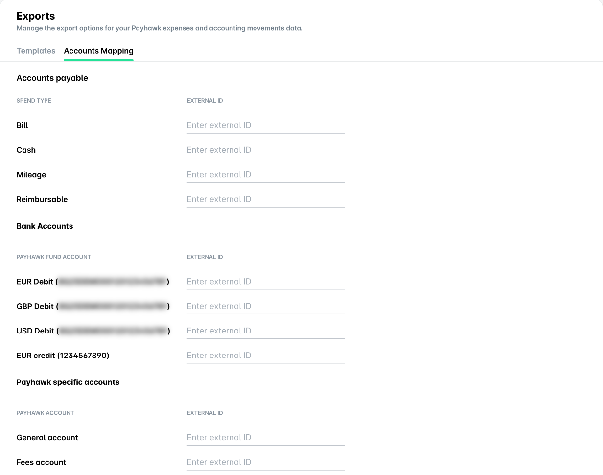 Accounts Mapping tab with external ID fields for spend types, bank accounts and Payhawk specific accounts