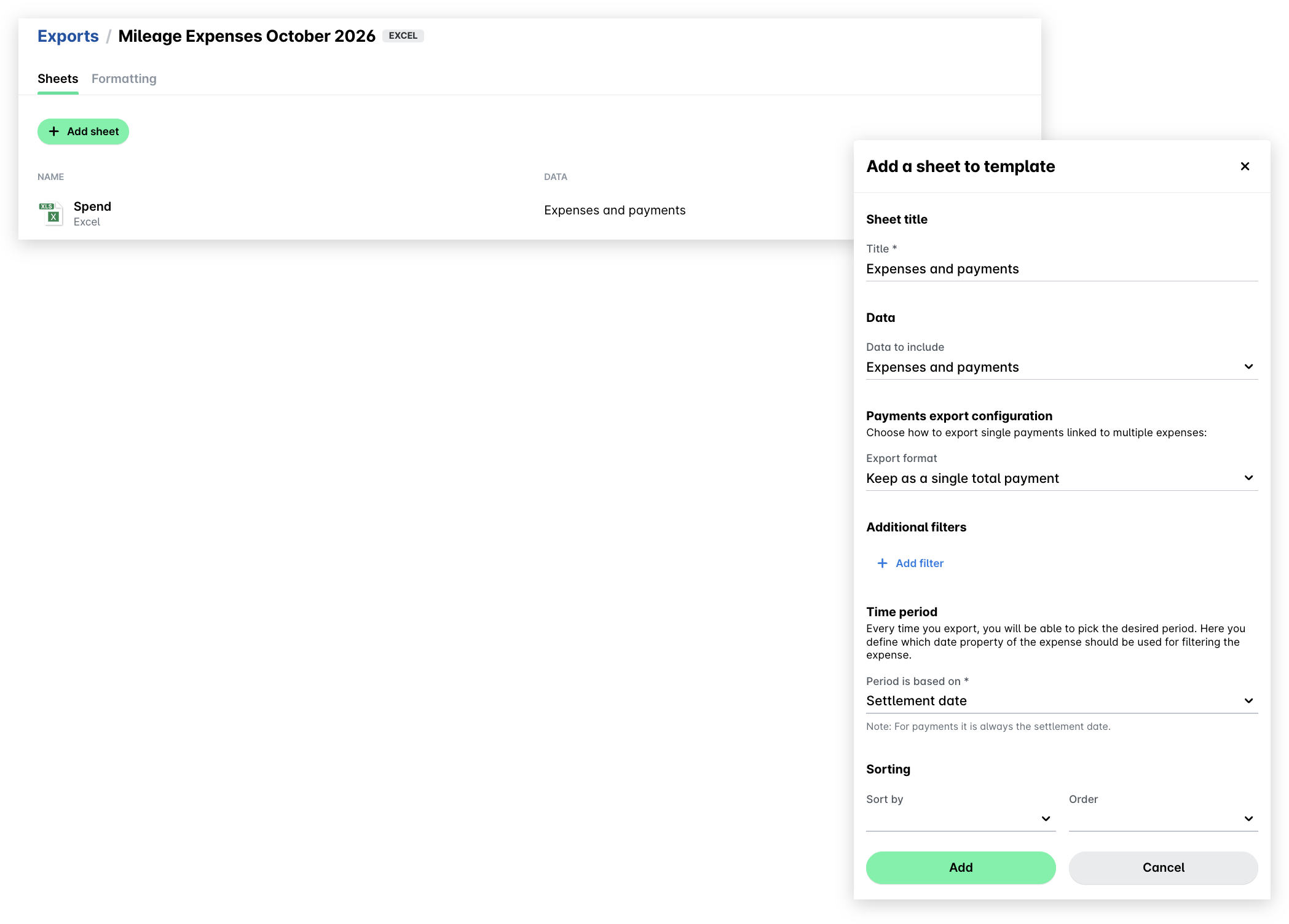 Vorlagenseite mit der Schaltfläche Datenblatt hinzufügen und dem Bereich Ein Datenblatt zur Vorlage hinzufügen mit den Feldern für Titel, Daten, Exportformat, Filter, Zeitraum und Sortierung