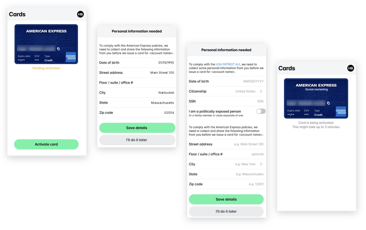 Steps to activate an American Express card and provide personal information.