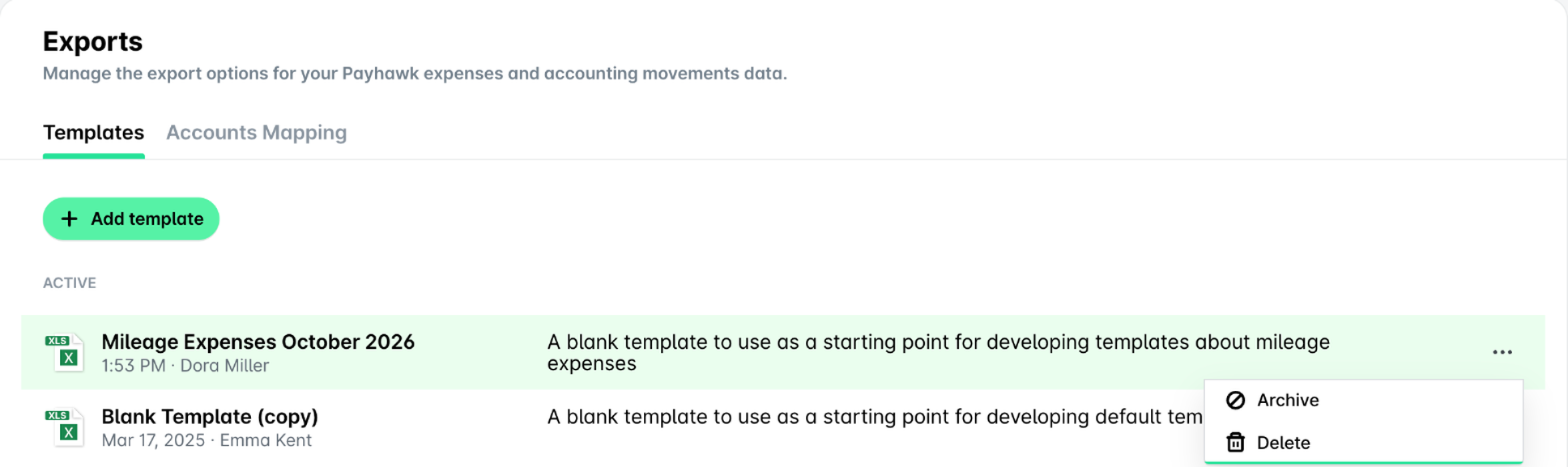 Templates list with the three dots menu of a template and the Archive option