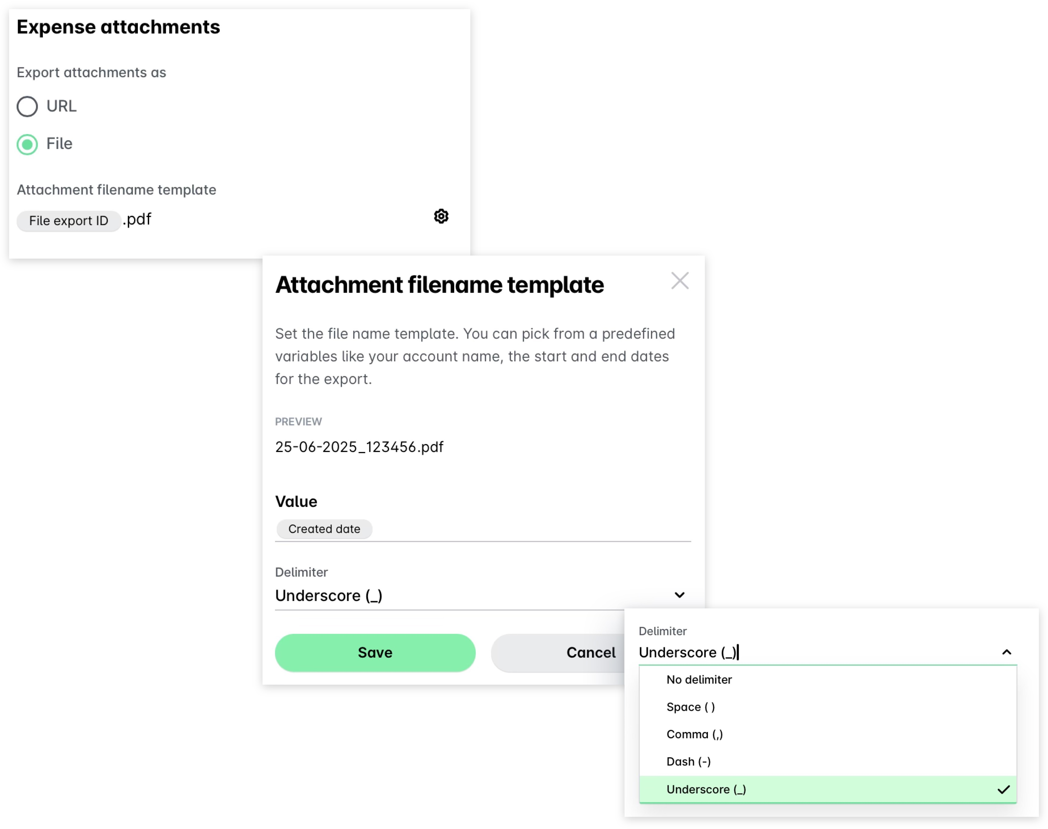 Instellingen voor Bijlagen onkosten, het dialoogvenster Bestandsnaam template bijlage en het geopende uitklapmenu Scheidingsteken
