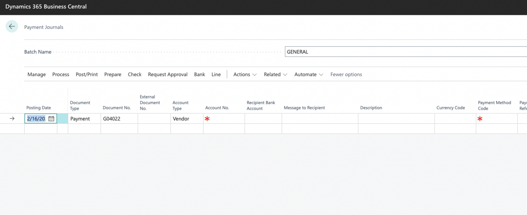 Payment Journals in MS Business Central, met een betalingsregel voor een leverancier.