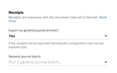 Instellingen voor bonnen in de configuratiewizard van MS Business Central, met Exporteren als algemene journaalposten? op Ja en de vervolgkeuzelijst voor de algemene journaalbatch.