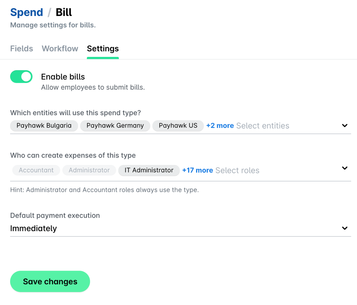 Group Settings, Spend > Bill, Settings tab: Enable bills switched on, the entities that use bills, the roles that can create bills, the default payment execution, and Save changes.
