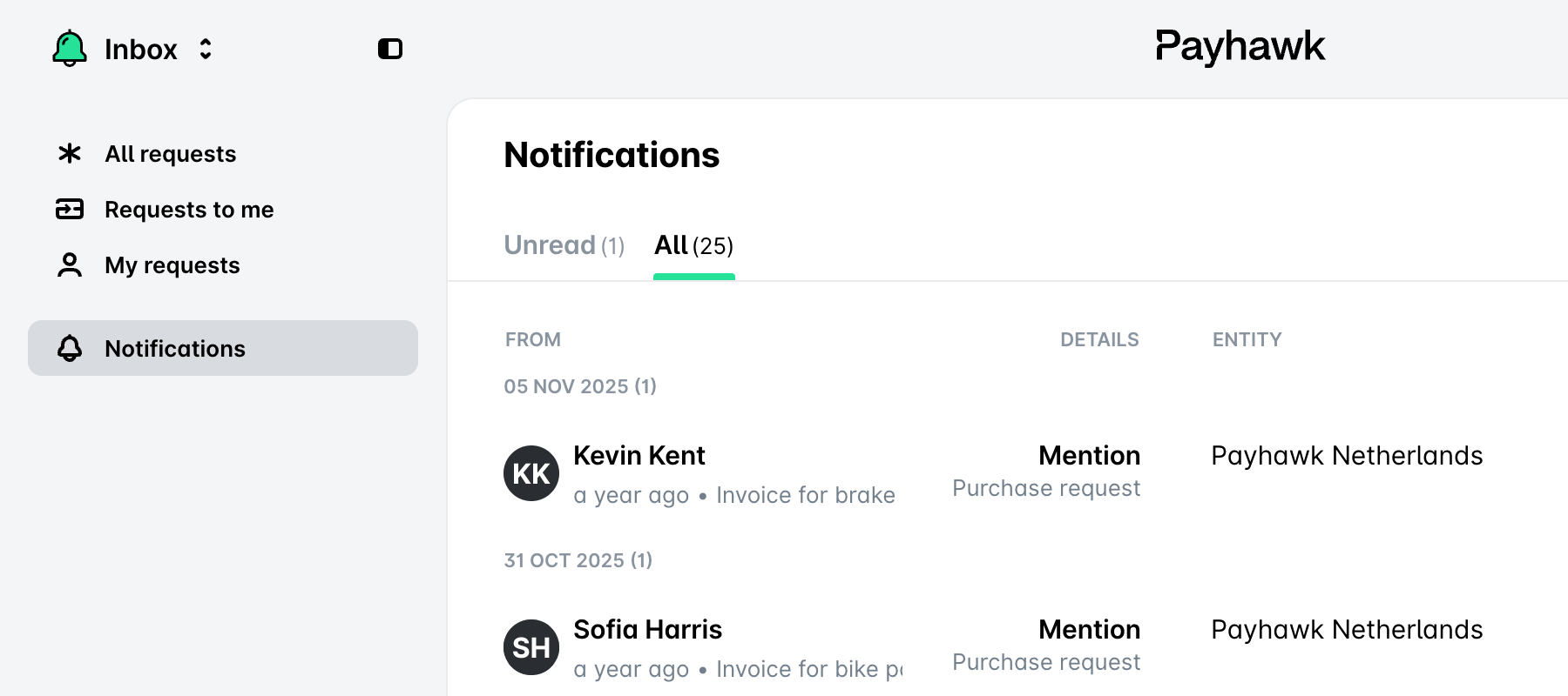 Notifications dans l'application Boîte de réception, avec des notifications de mention pour des demandes d'achat.