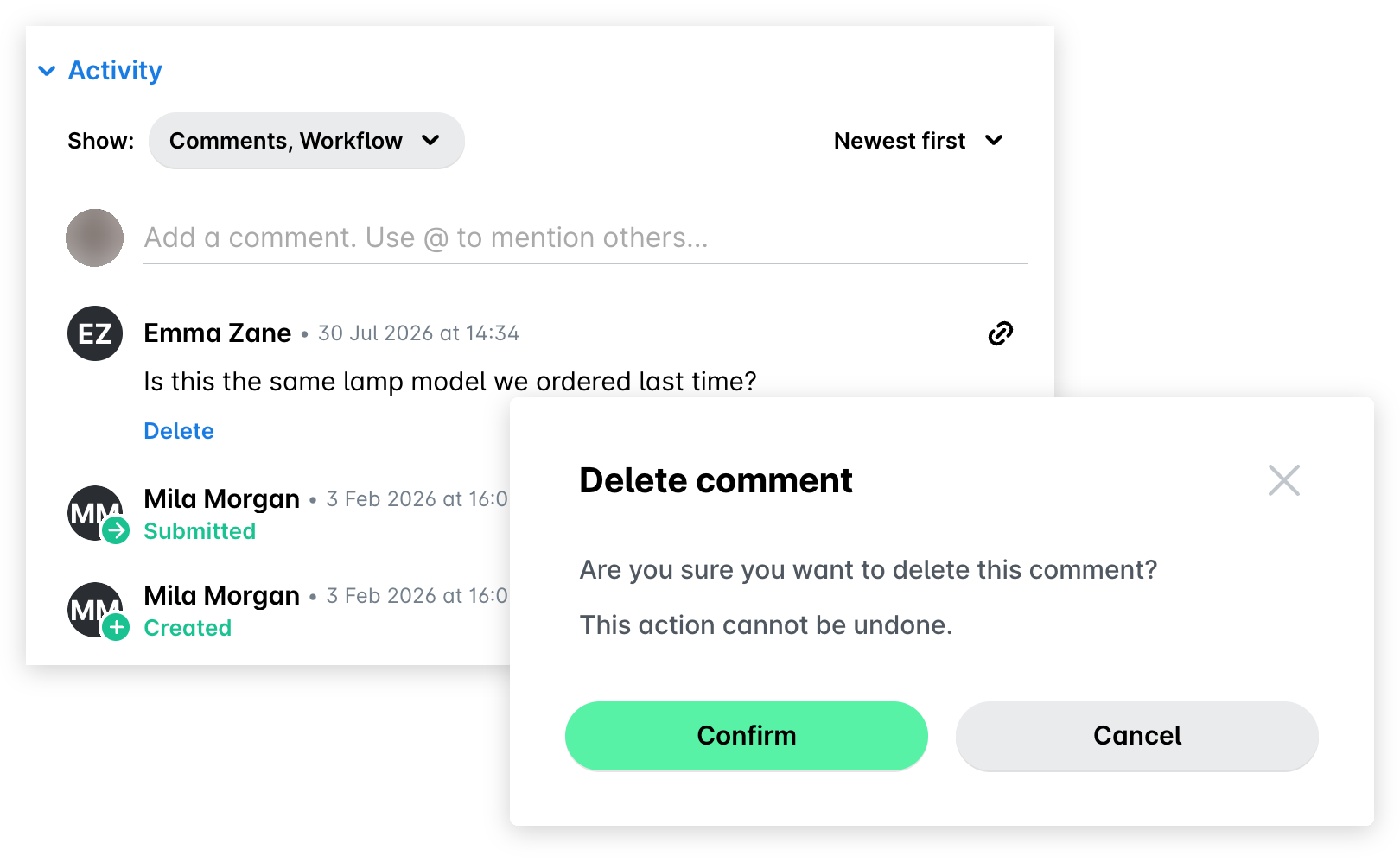 La section Activité d'une demande, avec le lien Supprimer sous un commentaire et la confirmation Supprimer le commentaire.