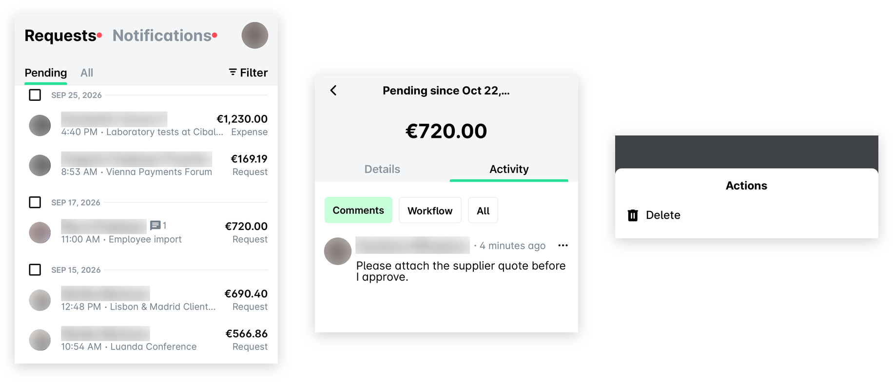 Demandes de la Boîte de réception dans l'application mobile Payhawk, l'onglet Activité > Commentaires d'une demande, et le menu Actions avec Supprimer.