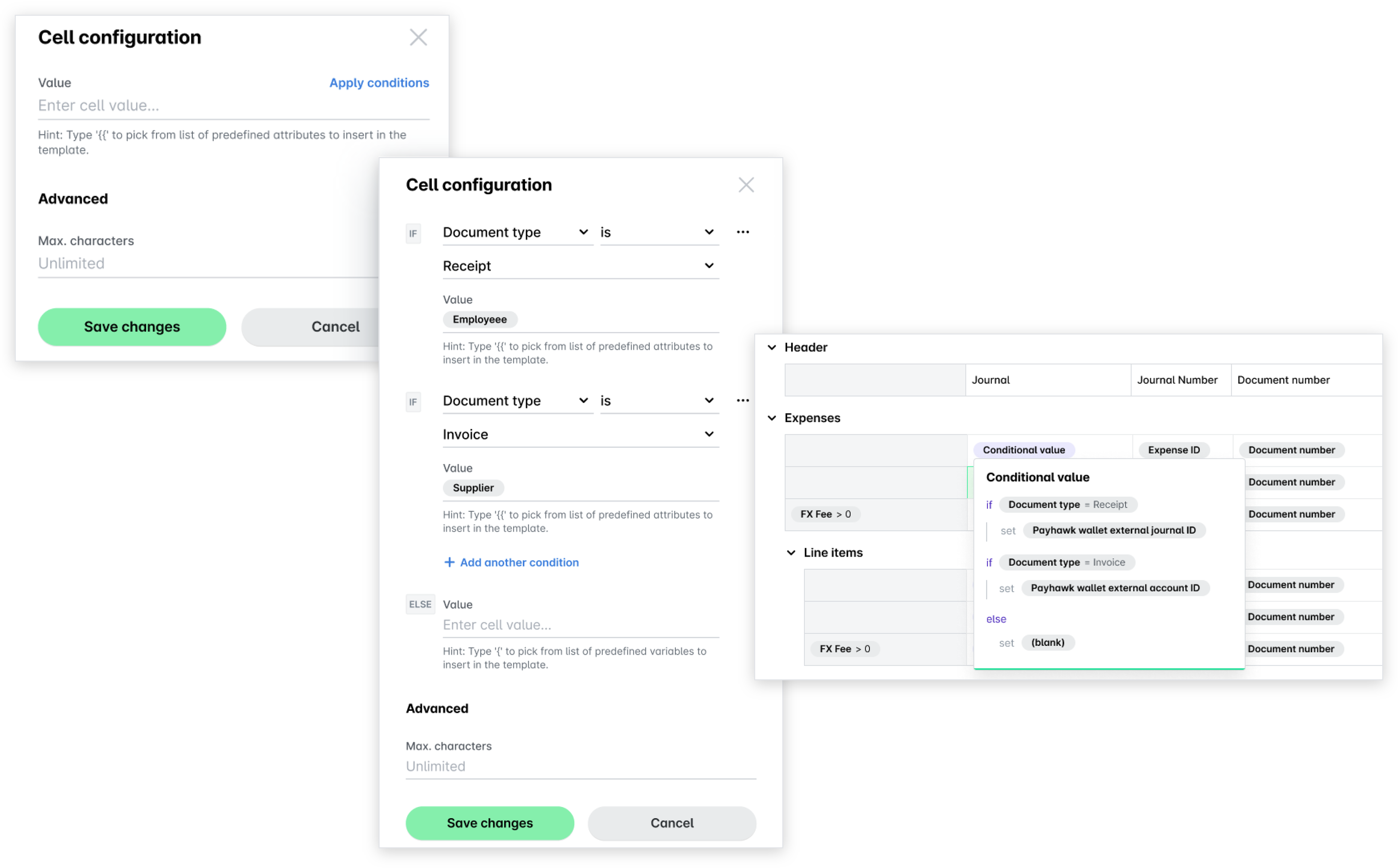 Configuración de una celda sin condiciones, la misma celda con condiciones para recibos y facturas, y el valor condicional resultante en el diseño.