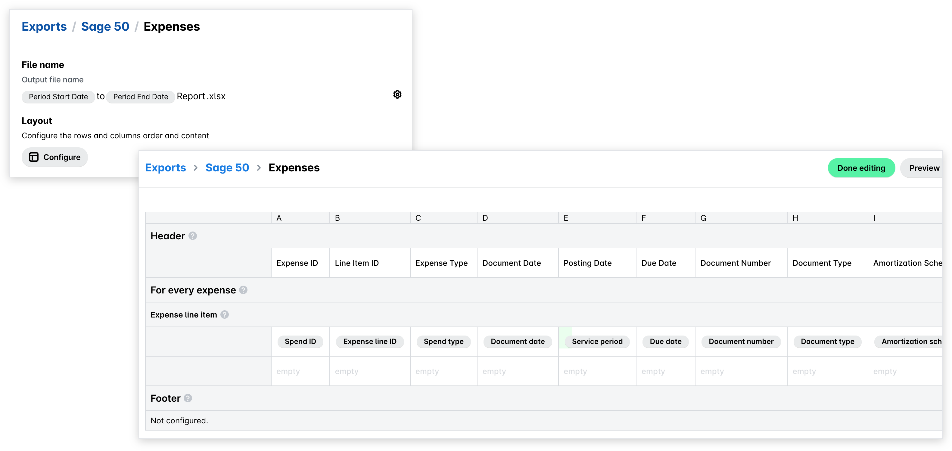 Los ajustes del archivo de exportación en Ajustes > Exportaciones con Configurar en Diseño, y la tabla de diseño del archivo que se abre.