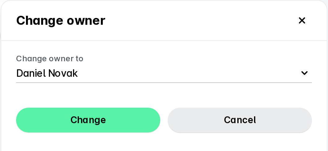 Change owner panel on a bill, with the new owner selected and the Change and Cancel buttons.