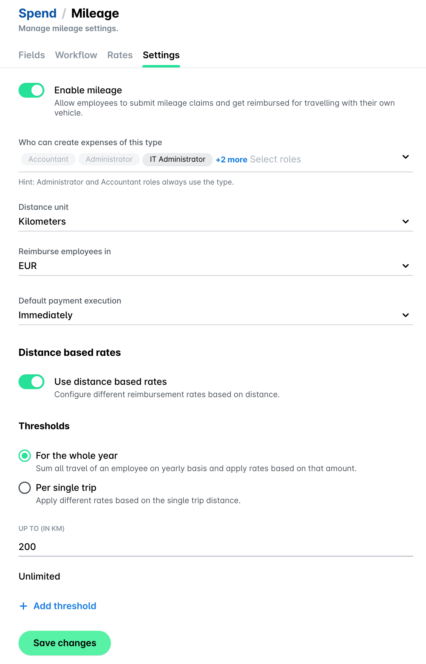 Spend / Mileage settings with the Settings tab open, kilometers and EUR selected, distance based rates switched on, For the whole year selected, a 200 km threshold and Save changes.