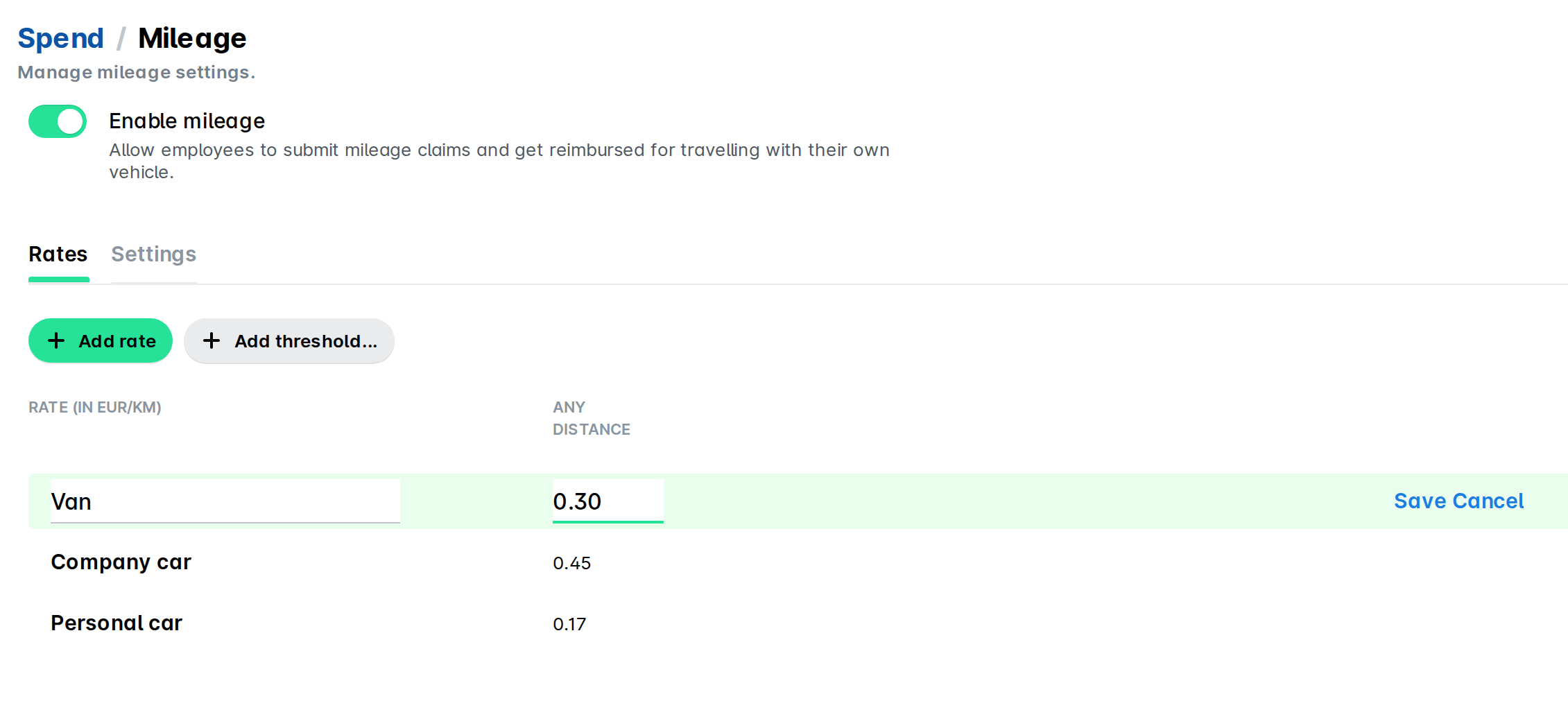 Mileage settings on the Rates tab, with a new "Van" rate being entered and Save and Cancel options beside it.