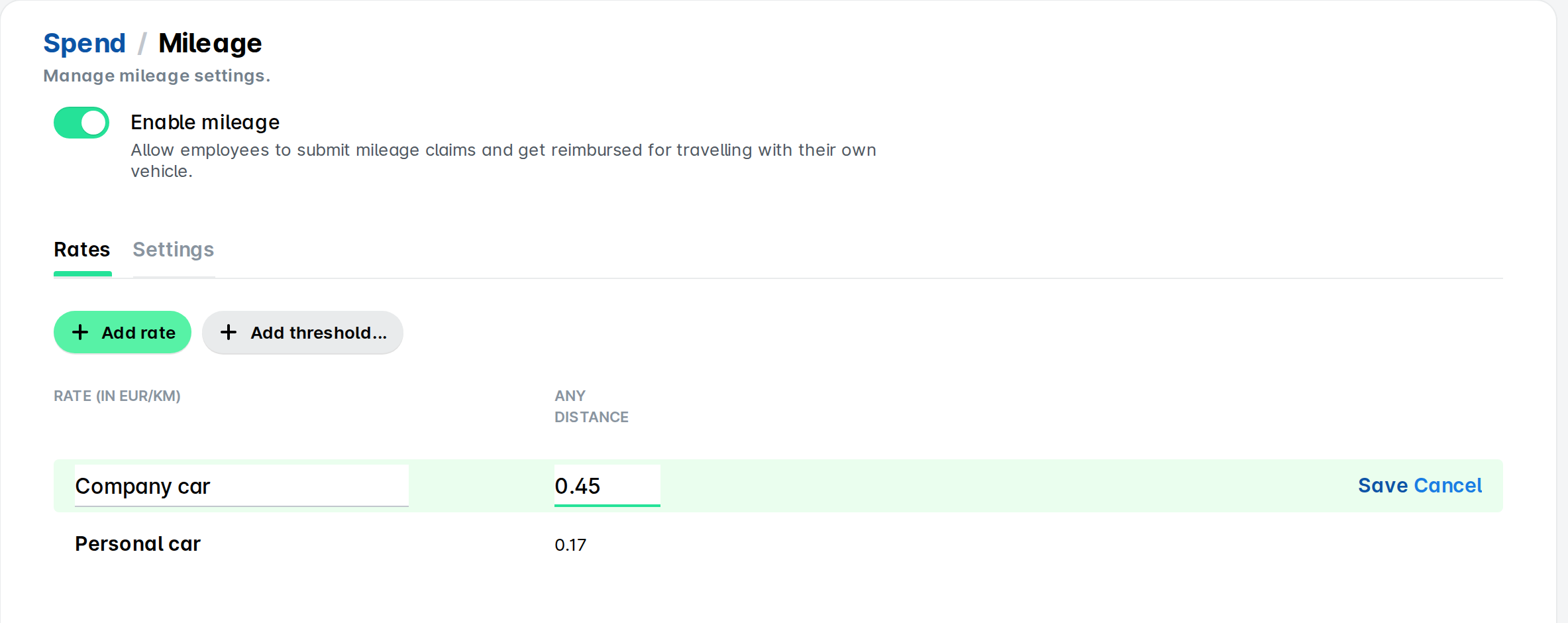 Mileage settings page with the Rates tab open and the Company car rate being edited inline, with Save and Cancel options.