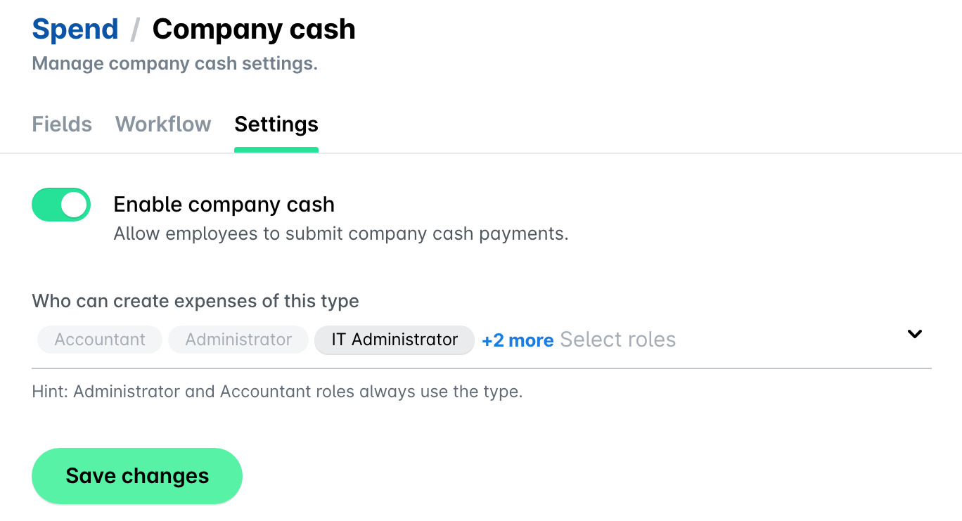 Spend / Company cash settings in Payhawk with the Settings tab open, the Enable company cash toggle on, the roles that can create company cash expenses and Save changes.