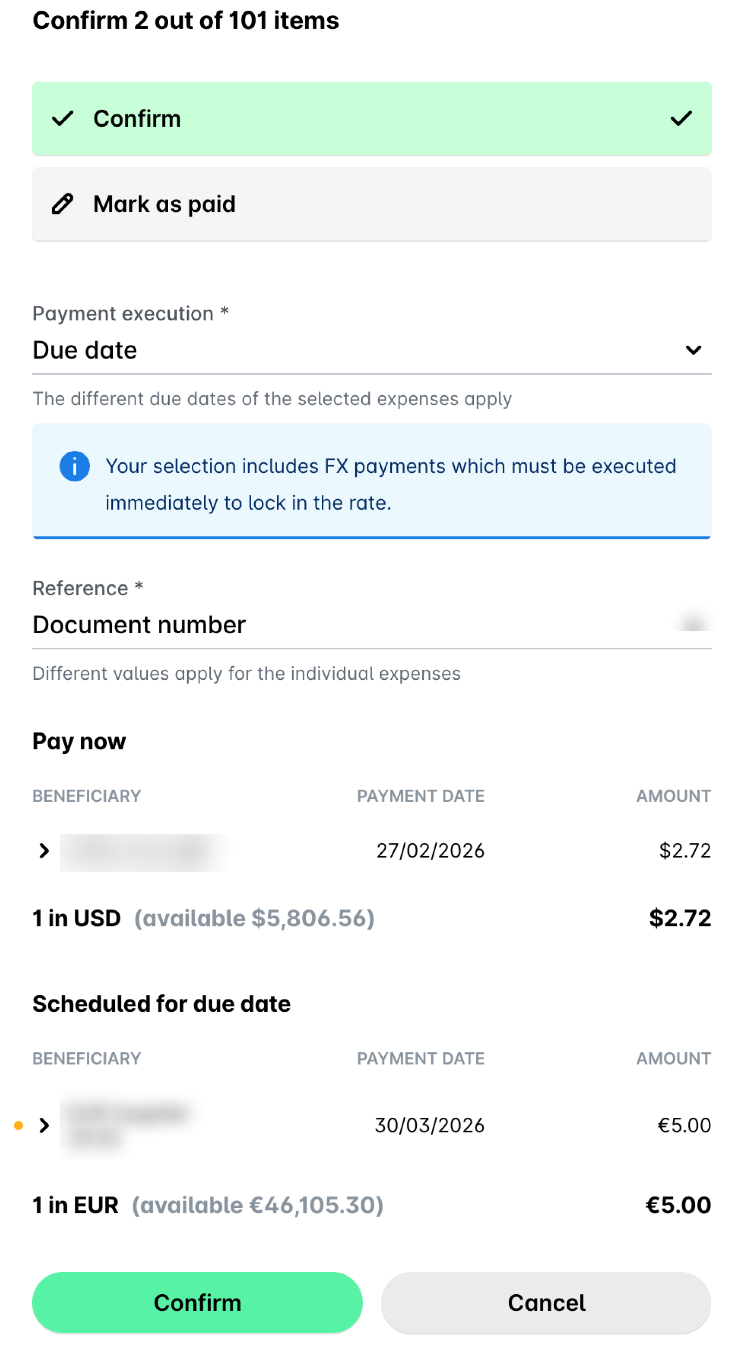 Payment confirmation screen showing due dates and amounts for various transactions.