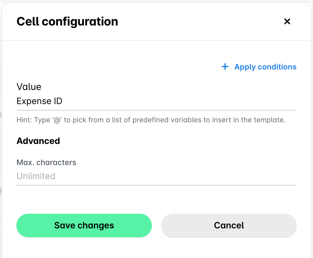El panel Configuración de la celda con el valor de la celda, Aplicar condiciones y Guardar cambios.