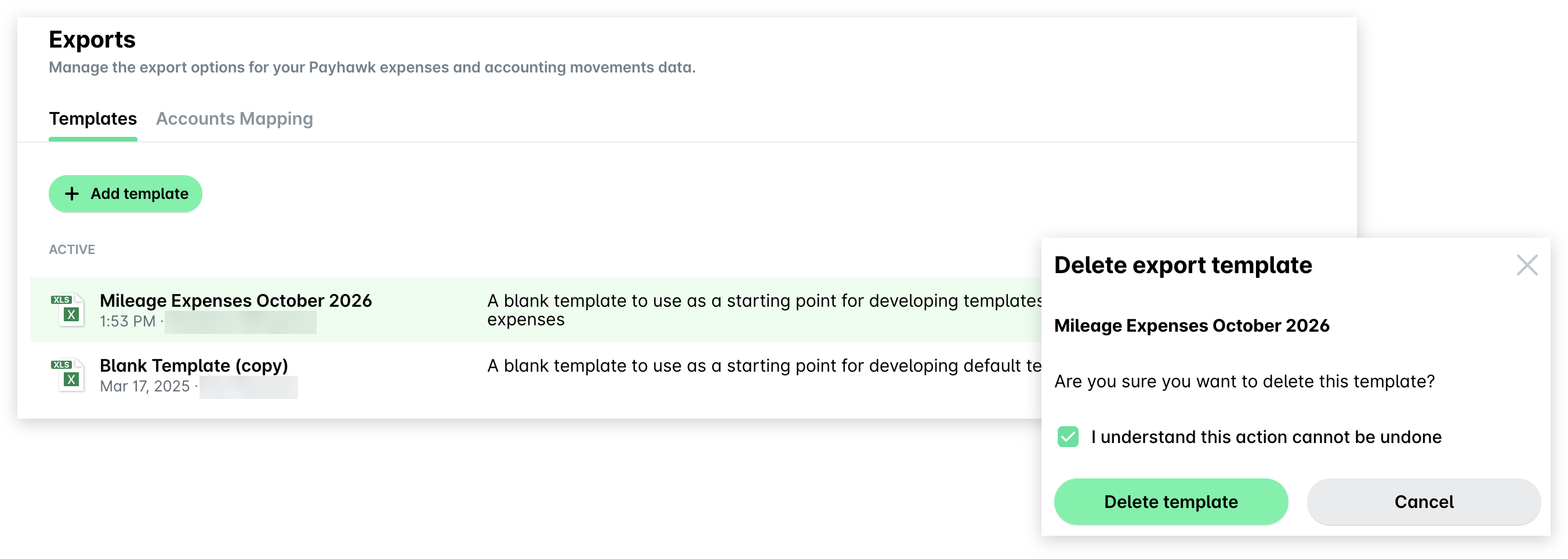 Templates list with the three dots menu of a template and the Delete export template dialog with the checkbox selected