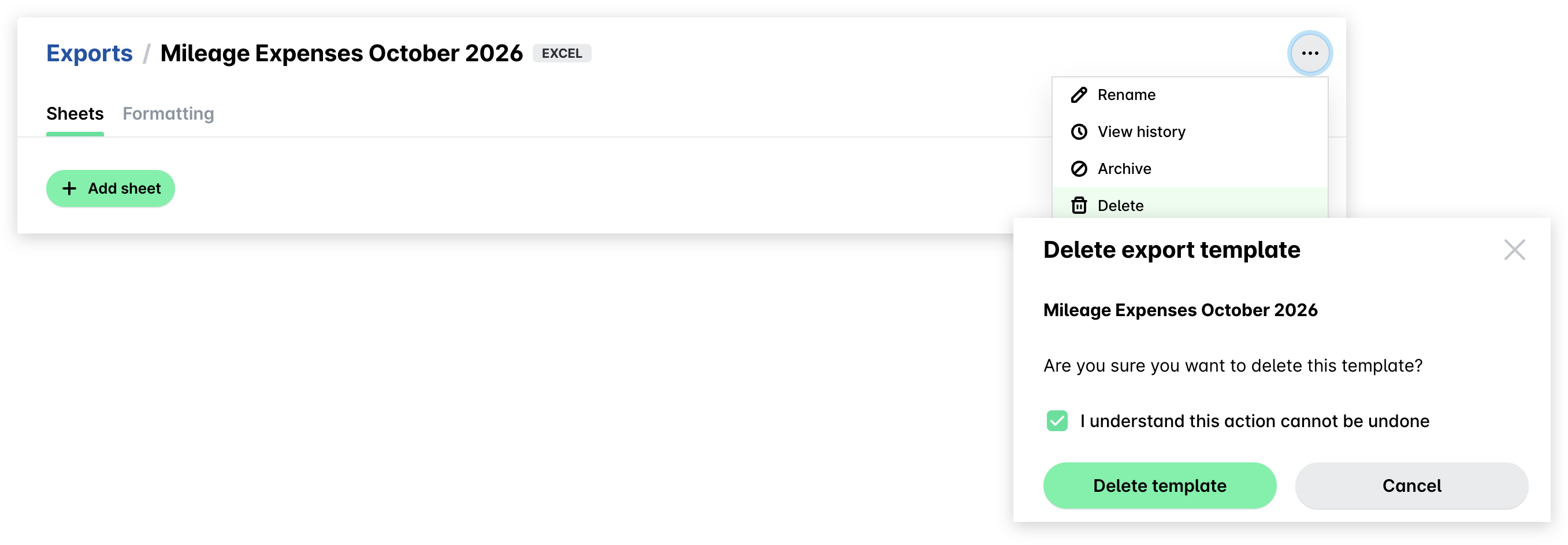 Template page three dots menu with the Delete option and the Delete export template dialog with the checkbox selected