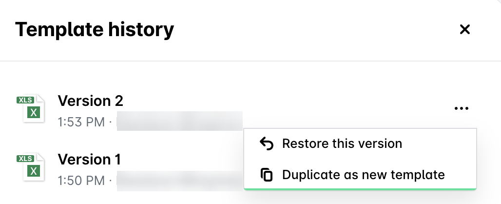 Duplicate as new template option in the version menu of the Template history panel