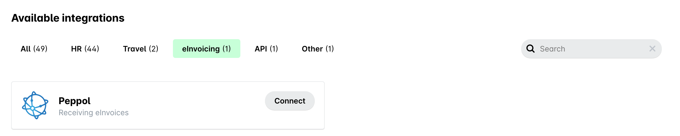 Available integrations in Payhawk Settings with the eInvoicing tab selected and the Peppol card with the Connect button.