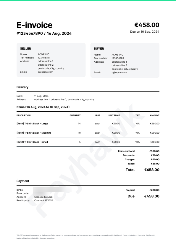 The PDF preview Payhawk generates from an XML eInvoice, with the seller, buyer, line items, totals, and payment details.