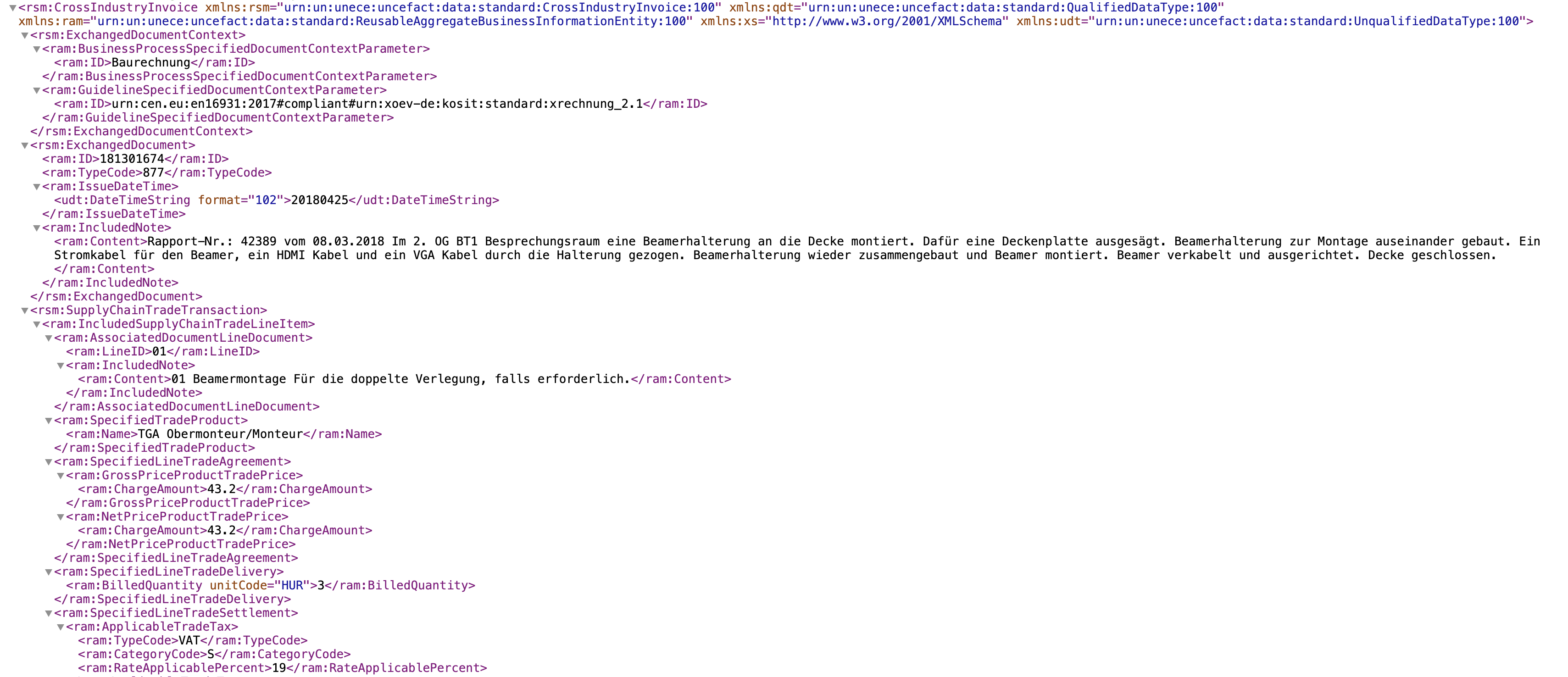 XML source of a structured e-invoice compliant with EN 16931 / XRechnung 2.1, showing the invoice header and line-item fields