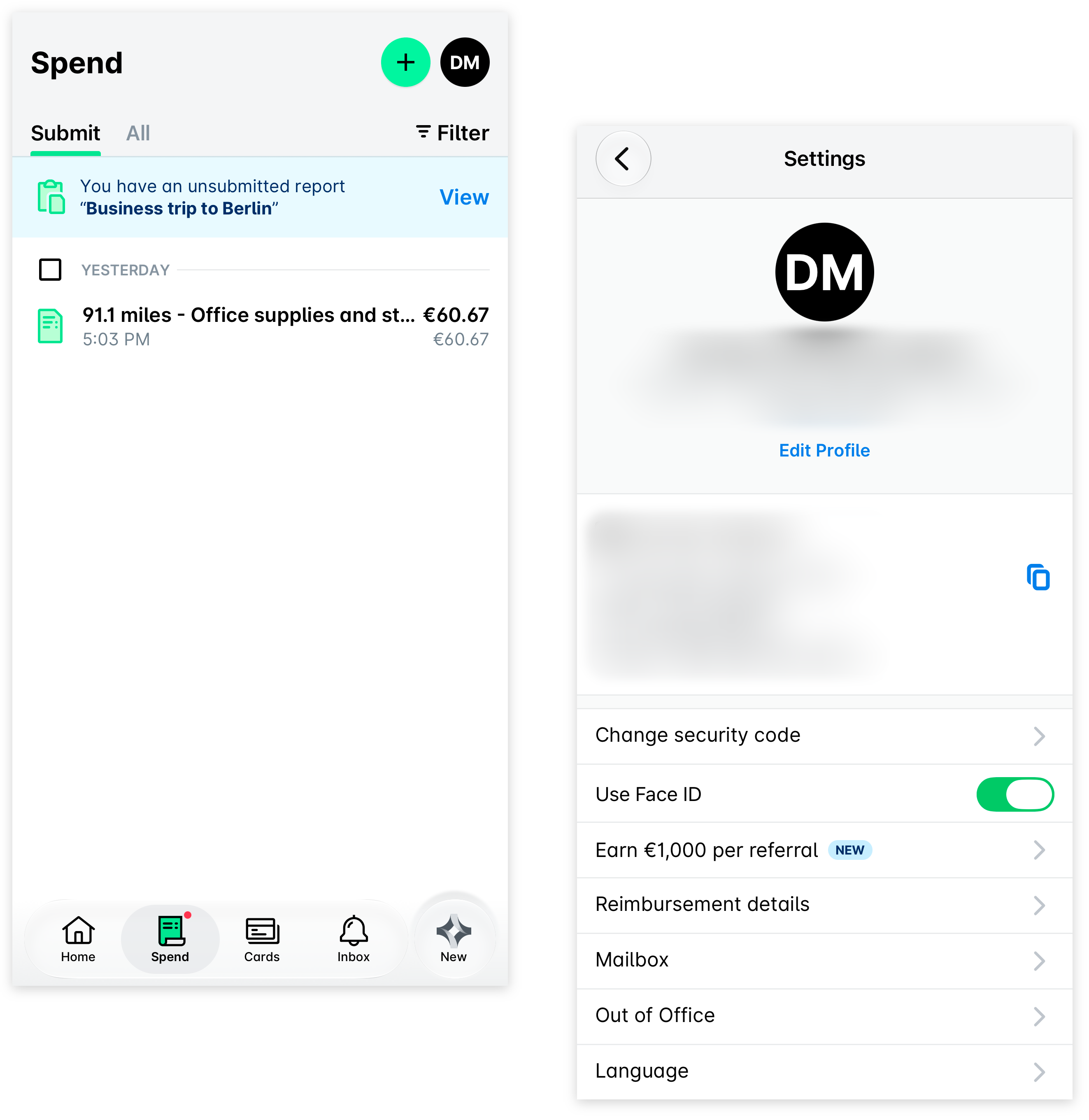 Payhawk mobile app: the profile icon on the Spend screen opens Settings, where the Use Face ID toggle is switched on.