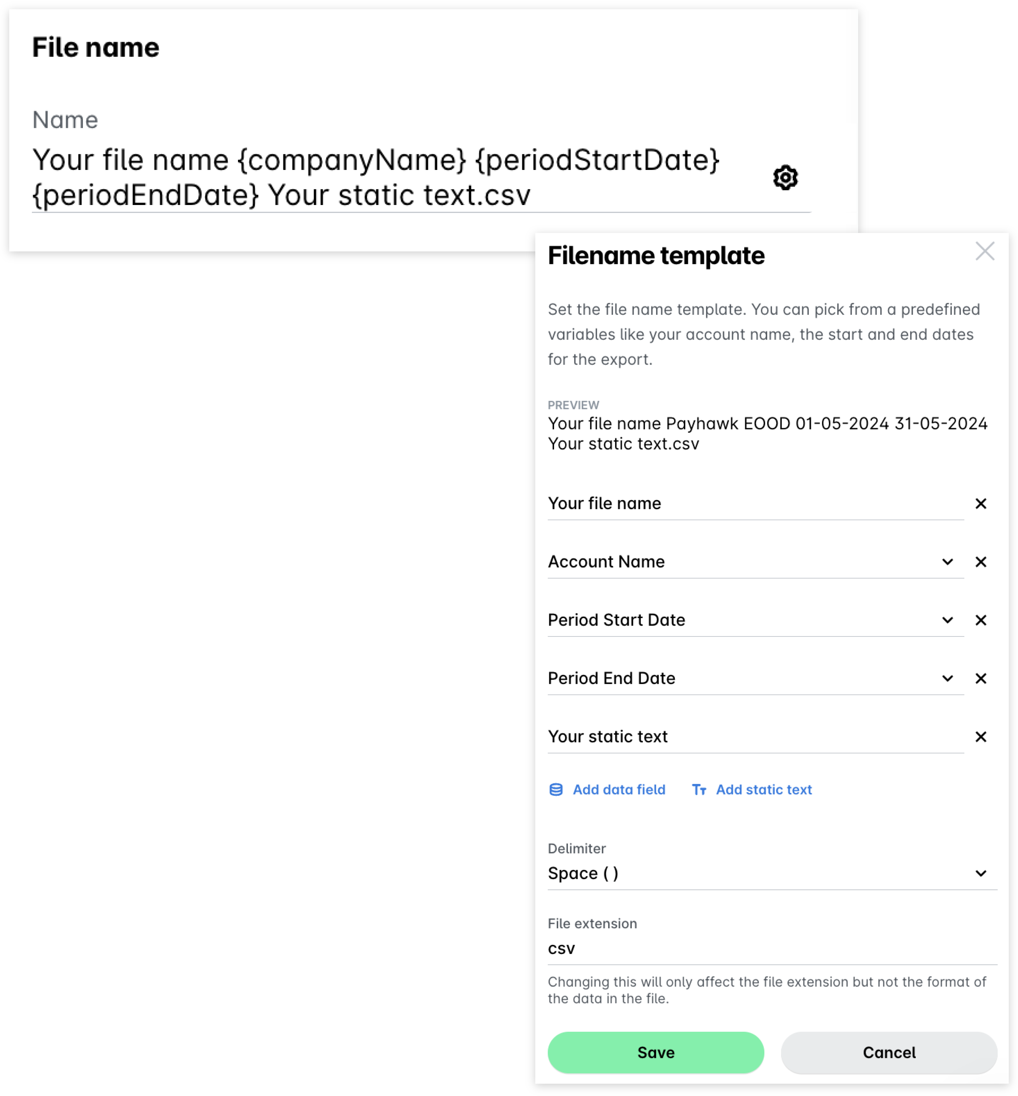 Symbol Einstellungen im Feld Dateiname und das Dialogfeld Vorlage für den Dateinamen