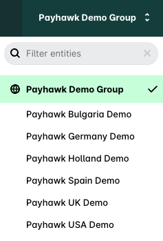 The switcher in the header, open: a filter field, the group with a check mark, and the entities of the group below it.