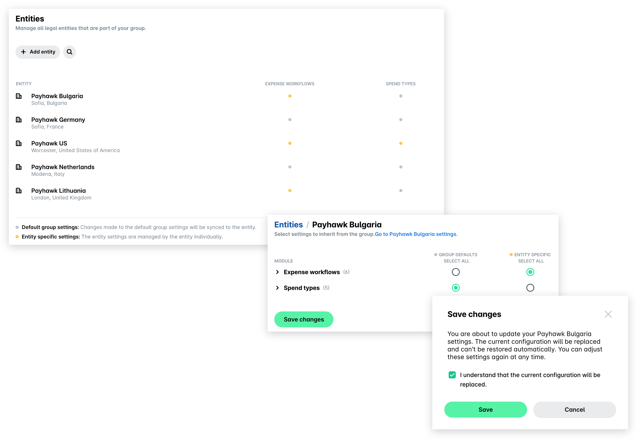 Group Settings, Entities: the list shows whether each entity uses group defaults or entity-specific settings for expense workflows and spend types, the entity page with GROUP DEFAULTS selected for Spend types, and the Save changes confirmation dialog.