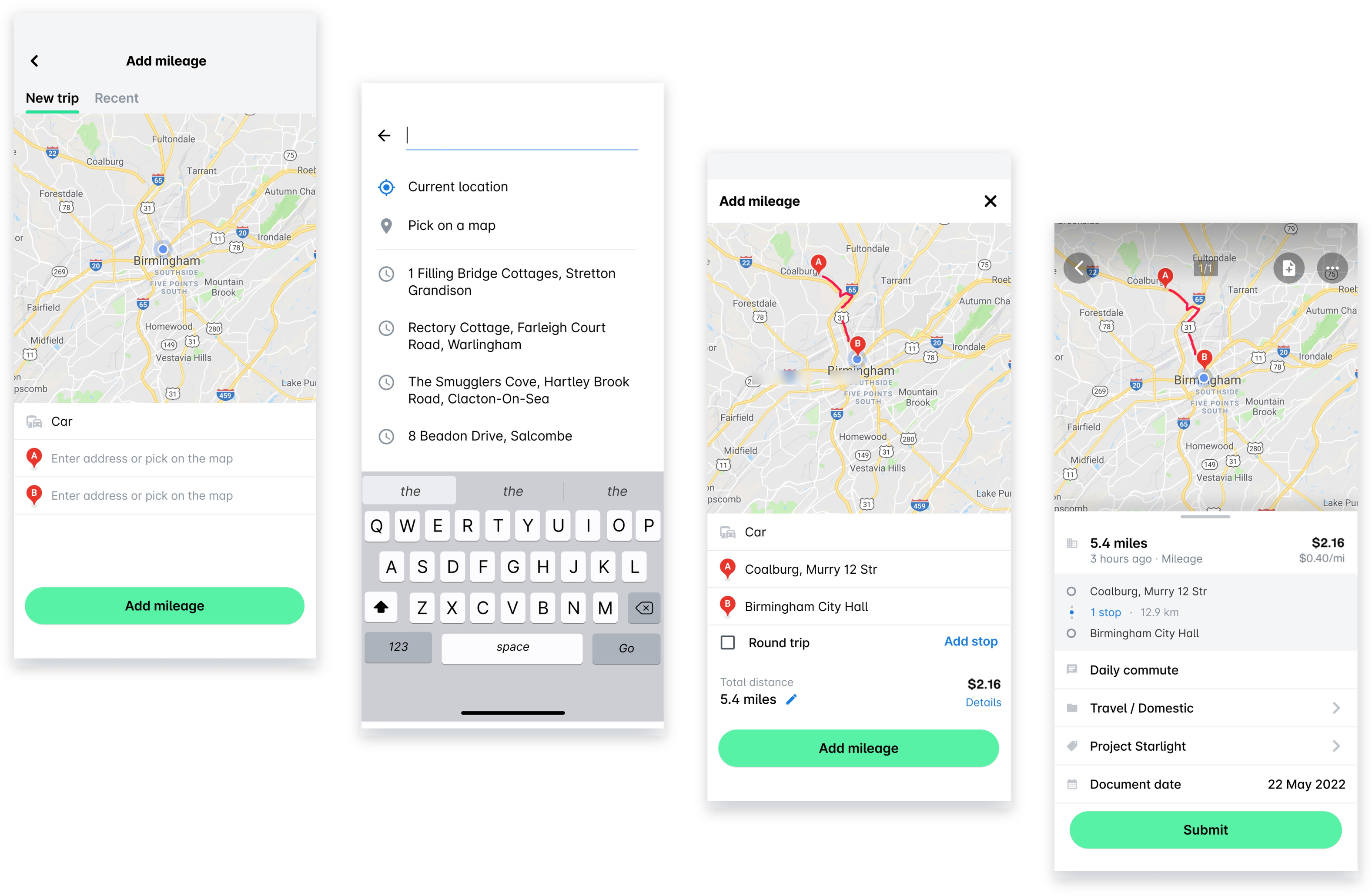 Hinzufügen einer Kilometerausgabe in der mobilen App: Eingabe der Fahrtadressen, berechnete Entfernung und Betrag und die zum Einreichen bereite Kilometerausgabe.
