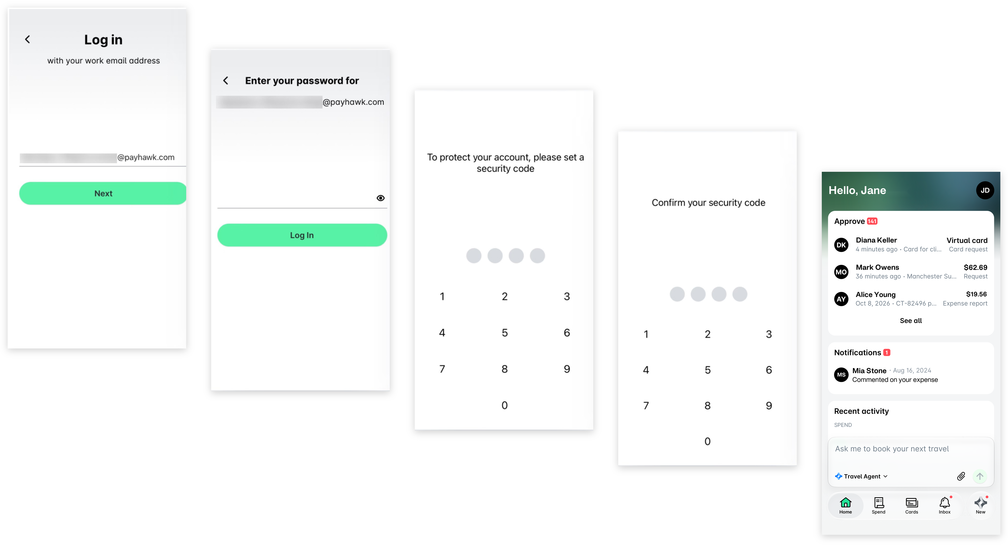 Anmeldung in der mobilen App: Eingabe der geschäftlichen E-Mail-Adresse und des Passworts, Festlegen und Bestätigen eines Sicherheitscodes, danach der Startbildschirm.