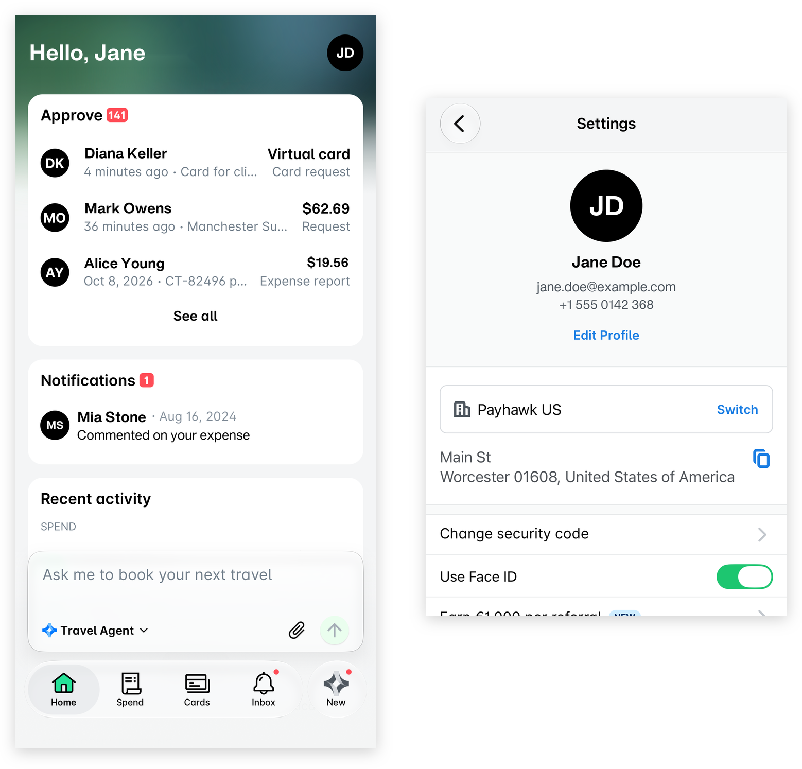 Der Startbildschirm der mobilen App mit dem Profilbild oben rechts und die Seite Einstellungen mit der Option Sicherheitscode ändern.