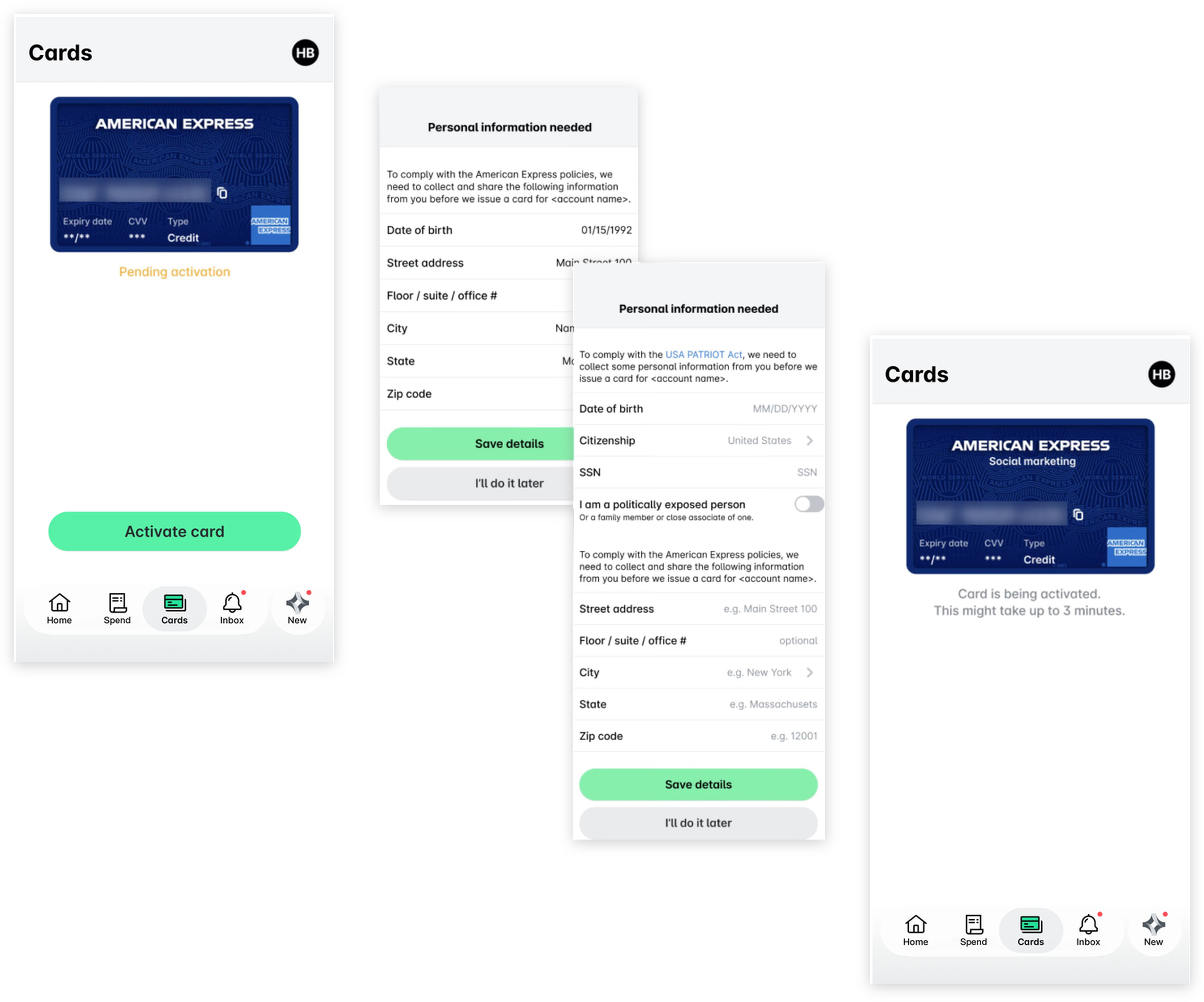 Aktivieren einer virtuellen American Express Karte in der mobilen App: der Bildschirm Karten, die Formulare für persönliche Daten und die Karte während der Aktivierung.