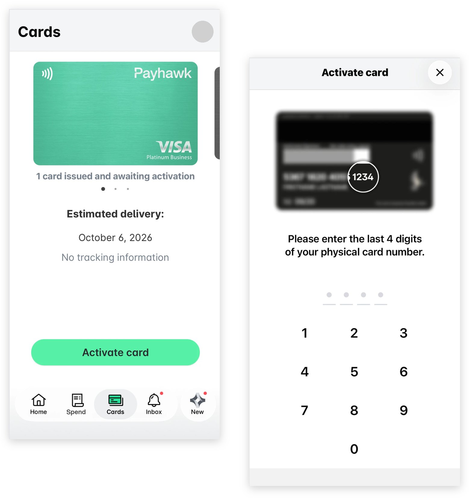 Aktivieren einer physischen Karte in der mobilen App: der Bildschirm Karten mit der Karte, die auf Aktivierung wartet, und der Schaltfläche Karte aktivieren, danach der Bildschirm zur Eingabe der letzten 4 Ziffern der Kartennummer.