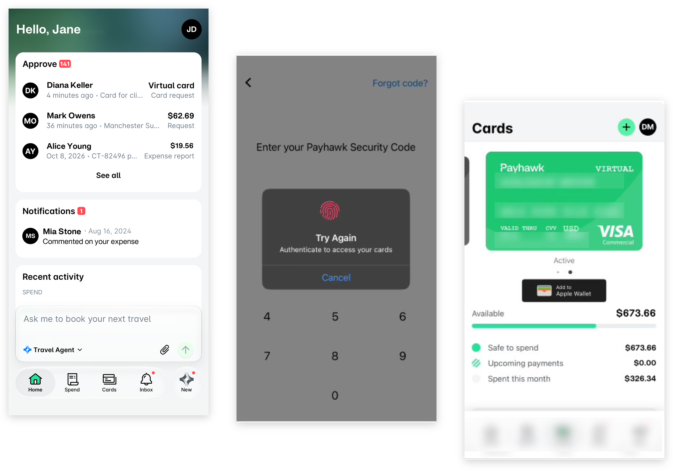 Öffnen der Kartendetails in der mobilen App: der Startbildschirm, die Abfrage des Sicherheitscodes und der Bildschirm Karten mit Zu Apple Wallet hinzufügen.
